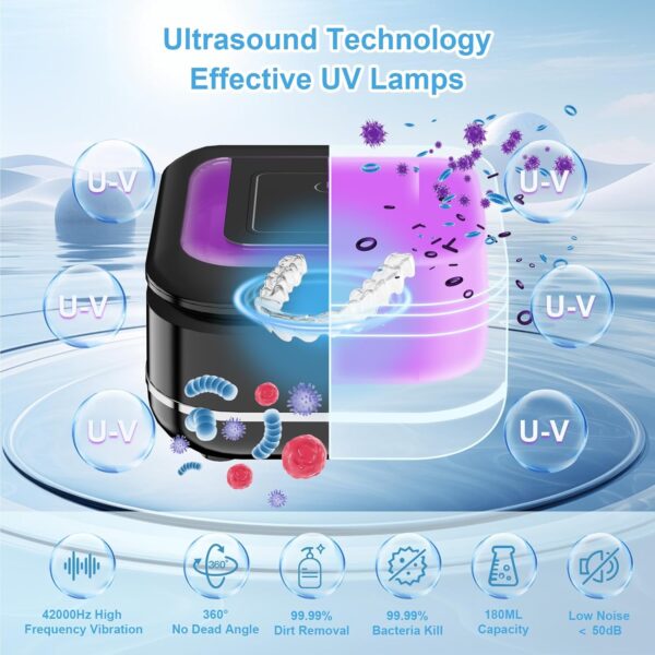 Limpiador Ultrasónico UV, 45 kHz Limpiador Ultrasonidos Dental para Dentaduras Postizas, Alineador, Retenedor Joyería De La Máquina De Limpieza Para Todos los Aparatos Dentales y Joyas - Image 6