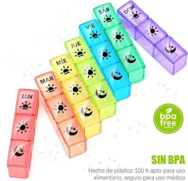 Pastillero Semanal 3 Tomas Español 7 Dias individual - Una caja a la vez - Zawuodar Grande Organizador Medicamentos con 21 Compartimentos (Multicolor-) - Image 3