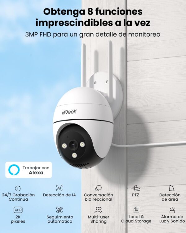 ieGeek 2K Camara Vigilancia WiFi Exterior con Eléctrico, PTZ 355°, Detección de Humano, Seguimiento Automático, Visión Nocturna Color, Alarma de Luz y Sonido, Grabación Continua, Compatible Alexa - Image 2