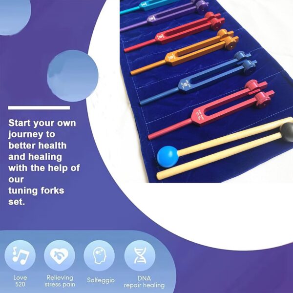 NEWFUN Diapason, Diapasones Terapeuticos Chakras, Juego de Diapasones de 8 Piezas, Para Terapia de Sonido Terapéutico, Vibraciones Equilibrantes, 2 x Martillos de Silicona,1 x Bolsa - Image 4