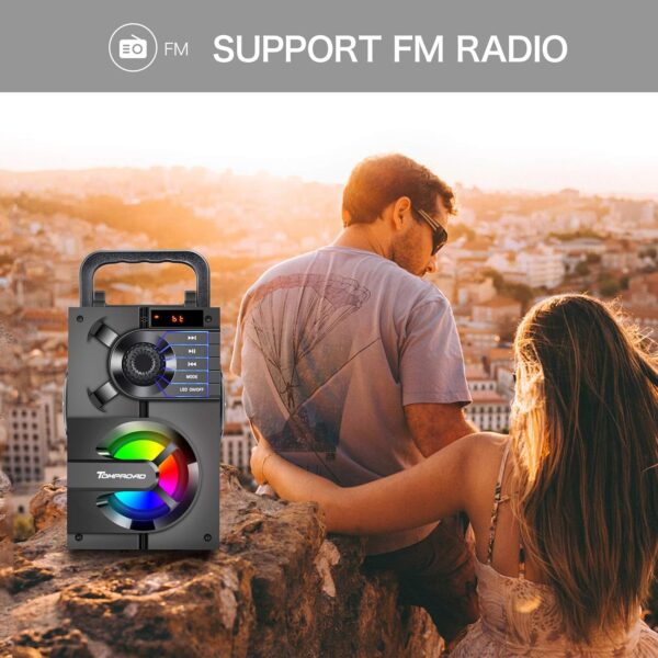 TOMPROAD Altavoz Bluetooth, portátil, caja Bluetooth con subwoofer, inalámbrico, sonido estéreo rico, altavoz para fiestas, radio FM, mando a distancia, luces LED (negro) - Image 3