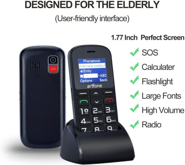 artfone Teléfono Móvil para Personas Mayores, CS182 Senior Móviles de Teclas Grandes y Volumen Alto, Botón SOS, Base Cargadora, Batería de 1400 mAh, Cámara, Negro - Image 2