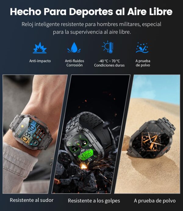 ESFOE Reloj Inteligente Hombre(3 Correas), 1.96'' 400mAh Smartwatch Hombre con Llamada Bluetooth,IP68 Impermeable,Cuerpo Metálico de Acero Inoxidable,100+Deportes Militar Smart Watch para Android iOS - Image 8