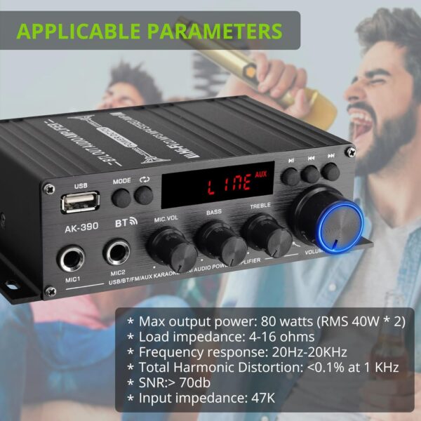 LiNKFOR Mini Amplificador de Audio AK-390 Amplificador Bluetooth Receptor Bluetooth 5.0 Altavoz Amplificador con 12V 5A Fuente de Alimentación, Controles de Graves y Agudos para Altavoces Domésticos - Image 7