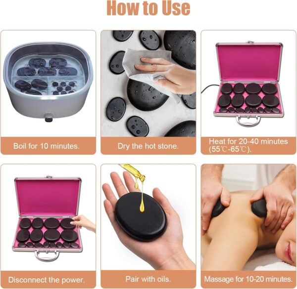 Hot Stone Massage Set, Kit de masaje con piedras calientes, dispositivo de calor con piedras calientes, piedras de masaje calientes hechas de basalto, para masajes, relajación, SPA(16 Stones) - Image 7