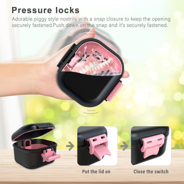 BVN Caja de prótesis a prueba de fugas, caja de dentaduras con colador, caja portátil para prótesis dentales, para todas las edades, dentaduras y aparatos ortopédicos (negro + rosa). - Image 3
