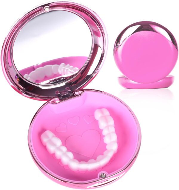 DIDATOOL Caja Ortodoncia, Estuche para Dentaduras Electroplateado con Espejo, Ferula Dental Compatible con Brackets Transparentes, Organiza y Protege tus Suministros Orales (Rosa)