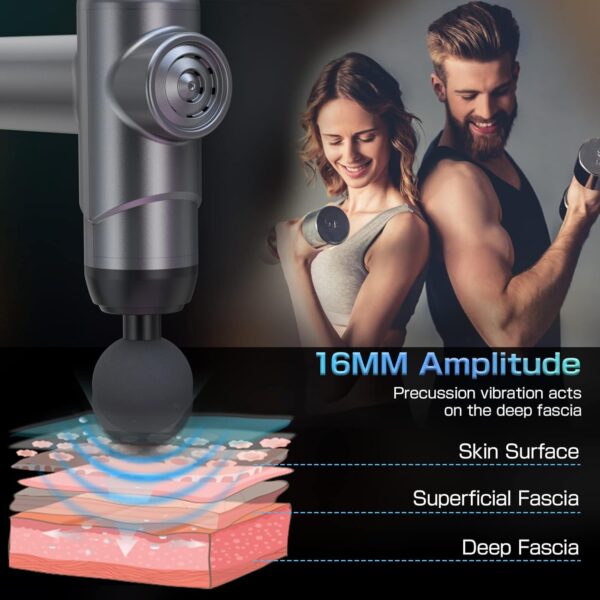 Pistola de Masaje muscular,Pistola de Masaje,Masajeador de 6 velocidades, Masajeador Muscular Profundo de 10mm con 4 Cabezales de Masaje y Pantalla Táctil LED Para Relajación Muscular (plata) - Image 3