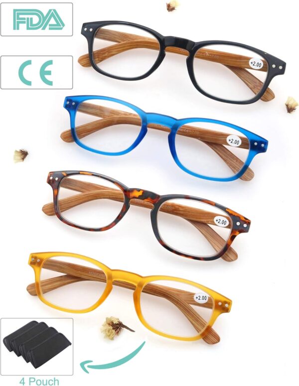 MODFANS Un pack de 4 gafas de lectura 2.5 para Hombres/Mujeres - Lente Clara,Vision Clara,Efecto Madera - Moda,Practicas,Ligeras,Comodas,Colores Negro-Azul-Marron-Amarillo - Image 2