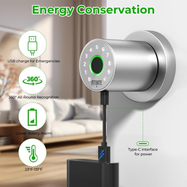 FITNATE 4 en 1 Smart Fingerprint Door Lock - Desbloqueo por huella dactilar, desbloqueo por contraseña, control por aplicación, llave de emergencia, apto para oficina, hogar y hotel, plateado - Image 6