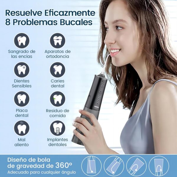 Irrigador Bucal Portatil, Vimmk Irrigador Dental Inalámbrico Profesional 8 Boquillas 5 Modos, IPX7 Impermeable 300ML USB-C Recargable Para Limpieza Dientes, Para el Hogar y los Viajes (Negro) - Image 5
