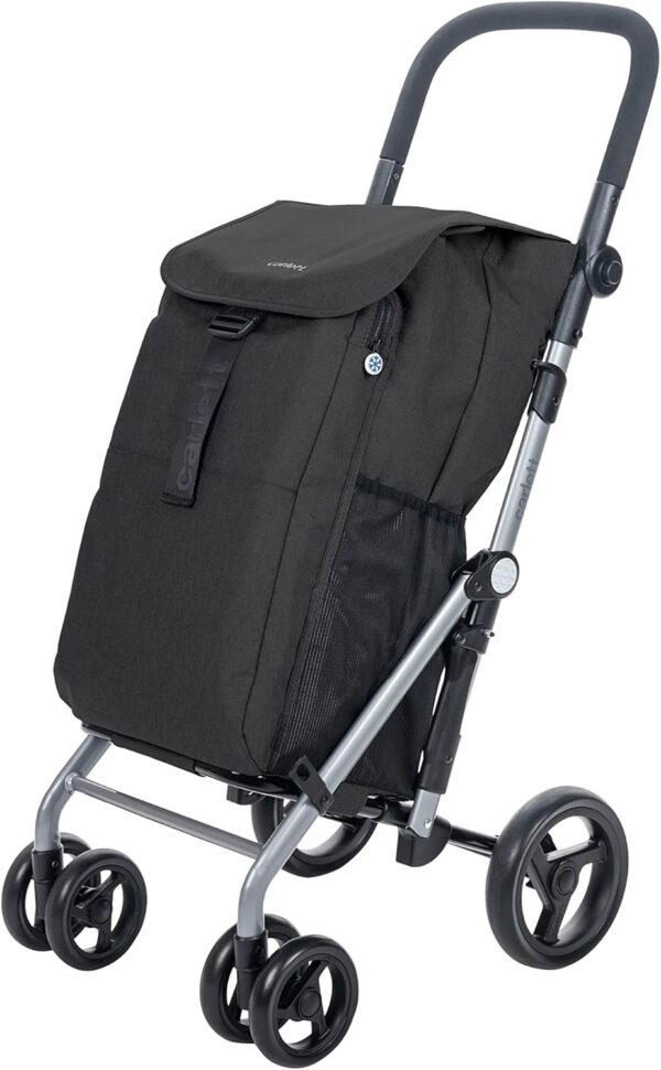 Carlett -Carro de la Compra, Carrito Plegable para Supermercado, de 4 Ruedas Resistentes a la Lluvia y Gran Capacidad de 25kg, Bolsa Principal 53L, Bolsa Térmica 9L – Modelo Clasic Duo, Color Negro