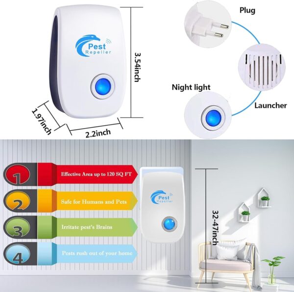Repelente Ultrasónico de Plagas, 4 Pack Electrónico Repelente Mosquitos Insectos Control de Plagas,Repelente Ultrasónico Ratas para Interiores Anti Cucarachas, Moscas, Mosquitos, Ratones, Arañas - Image 4