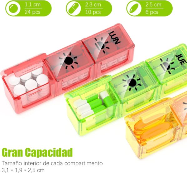 Pastillero Semanal 3 Tomas Español 7 Dias individual - Una caja a la vez - Zawuodar Grande Organizador Medicamentos con 21 Compartimentos (Multicolor-) - Image 2
