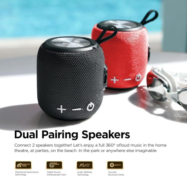 SANAG Altavoz Bluetooth Pequeño, Altavoz Inalámbrico Portátil, 15W, Inalámbrico IPX67, 18 Horas de Reproducción, con Mosquetón, Pequeño Inalámbrica Emparejamiento para Fiesta Viajes Exterior, Rojo - Image 5