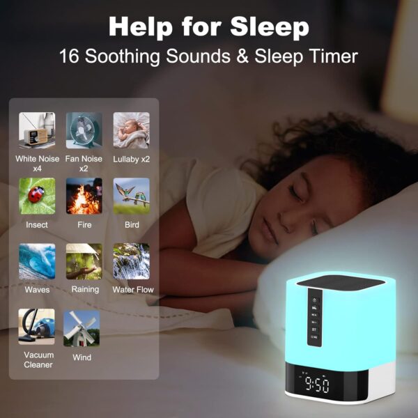 Lámpara de noche con reloj despertador, altavoz Bluetooth, luz nocturna, lámpara táctil para niños con máquina de sonido, luz LED regulable que cambia de color para dormitorio, regalos para - Image 4