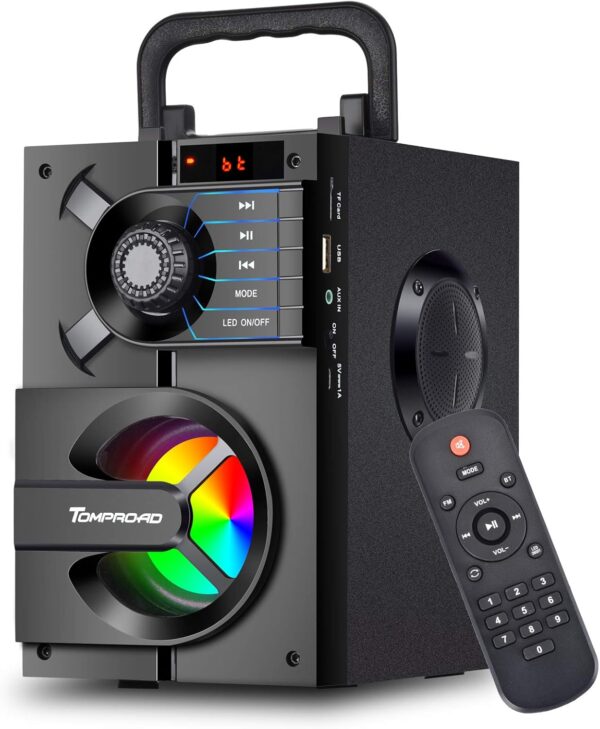 TOMPROAD Altavoz Bluetooth, portátil, caja Bluetooth con subwoofer, inalámbrico, sonido estéreo rico, altavoz para fiestas, radio FM, mando a distancia, luces LED (negro)