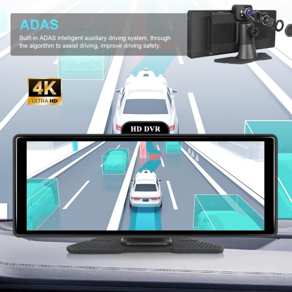 Hodozzy 4K Pantalla Portátil Radio Coche Carplay Android Auto Monitor ADAS Pantalla Táctil IPS 10,26 Pulgadas Bluetooth Dash Cámara Frontal y Trasera Video Grabación en Bucle, Mirror Link FM/AUX/SD - Image 3