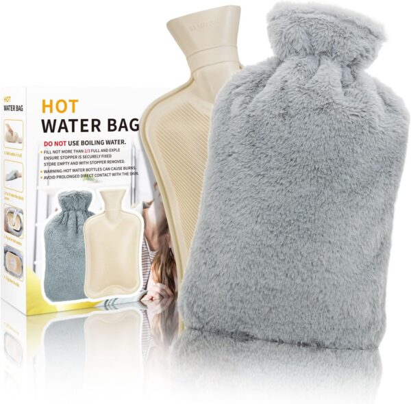 TOHDNC Bolsa de Agua Caliente de 2L, Grande Botella Agua Caliente para Cama con Desmontable y Lavable Suave Funda Botellas Goma Hot Water Bottle para Calentar Manos o Alivio del Dolor (Gris Claro)