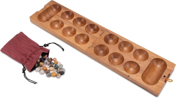 LOGOPLAY Kalaha Gr. L - Hus - Bao - Juego de judías - Juego de Gemas - Juego de guijarros de Madera de Samena Marrón