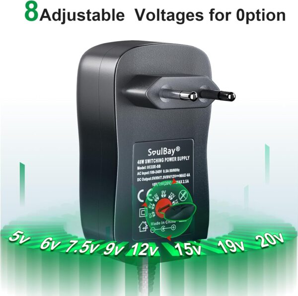 SoulBay 48W Fuente de alimentación Universal de 5V, 6V, 7,5V, 9V, 12V, 15V, 19V, Cargador Adaptador de CA a CC con 11 Puntas de CC, Incluye Enchufe USB de 5V, 1A, 4000mA máx. - Image 9