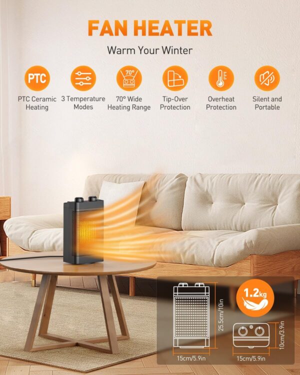 Calefactor Electrico, Mini Calefactor bajo Consumo con 1500W 3 Modos de Eléctrico, 70 ° Oscilante, Calentador de Espacio Silencioso para el Funcionamiento en la Oficina, Sala de Estar, Dormitorio - Image 2