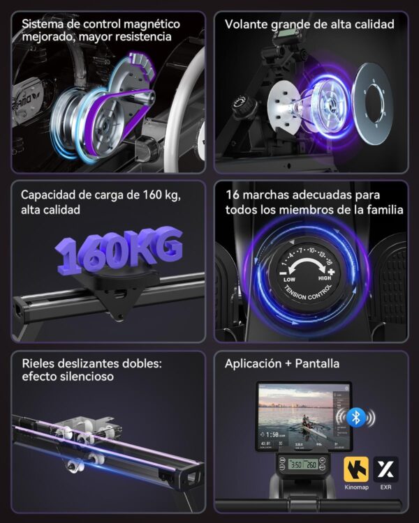 DMASUN Maquina de Remo para casa, 16 Niveles de Resistencia magnética, Soporta hasta 160 kg, Dobles mejorados, Ultra silenciosa y Estable, Conexión a la App, Almacenamiento Vertical para Ahorrar - Image 2