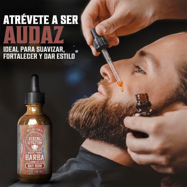 Viking Revolution - Aceite Barba Hombre - Aceites de Argan y Jojoba - Favorece el Crecimiento de la Barba - Suaviza y Fortalece la Barba y el Bigote de los Hombres - Aroma de Ron de Bahía - 30 ml - Image 2