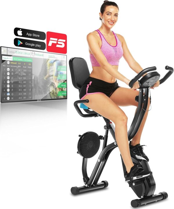 Profun - Bicicleta estática 2 en 1 - Bicicleta estática con resistencia magnética ajustable a 10 niveles mediante aplicación y bandas de entrenamiento - Bicicleta de interior 5568
