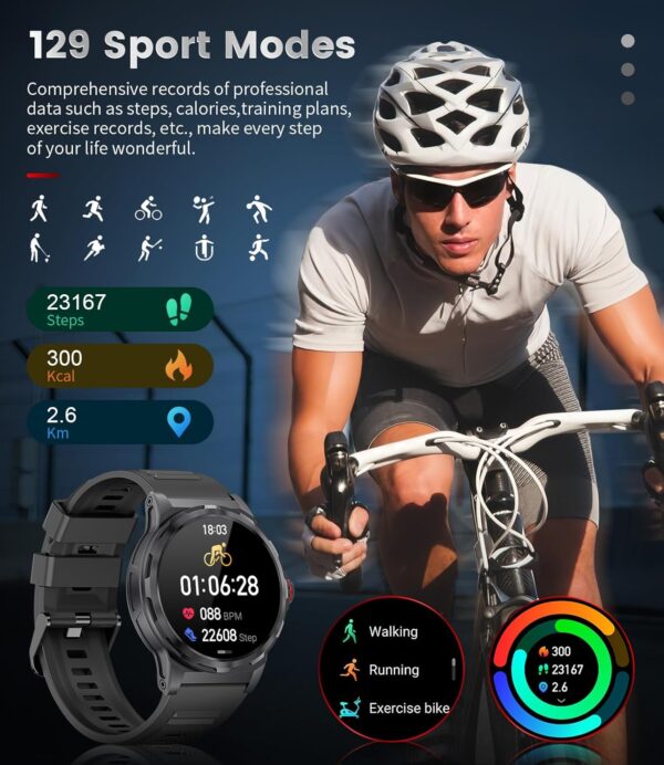 ESFOE Smartwatch Hombre Militar con Llamadas Bluetooth, IP68 Impermeable Smartwatch con 129+ Modos Deportivos/SpO2/Pulsómetro/Monitor de Sueño,Reproducir Música,Reloj Inteligente Hombre iOS Android - Image 5