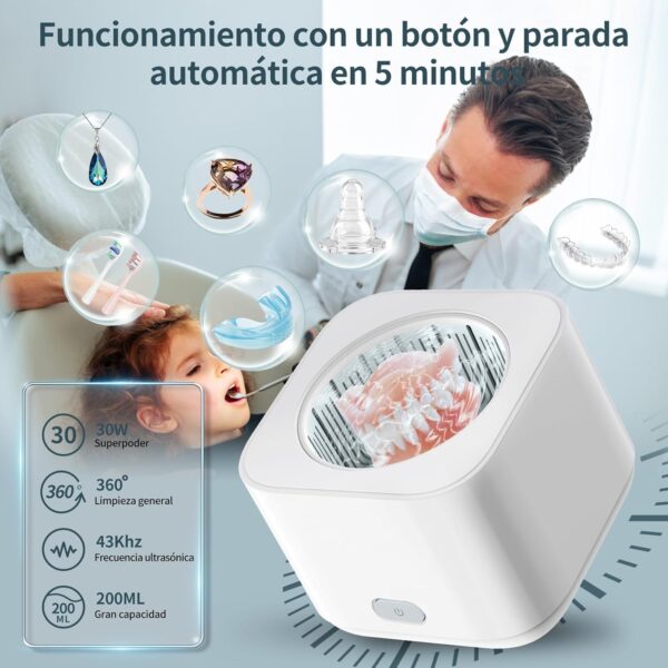 Limpiador Ultrasonidos Dental Limpieza, 43KHz Dental Pod Ultrasonic, Para Dentaduras Postizas, Alineadores, Retenedores, Cabezas de Cepillos de Dientes, Limpiador Ultrasónico Eficiente de 360°, 200ml - Image 3