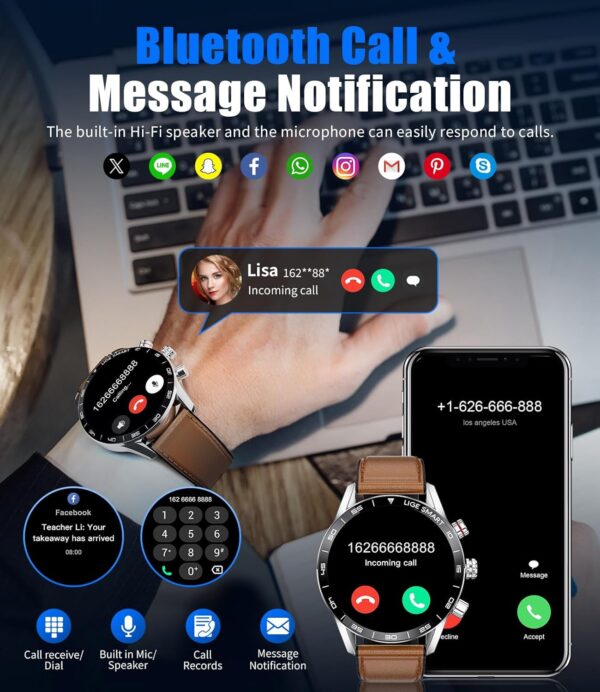 LIGE Reloj Inteligente Hombre, 1.43'' AMOLED Smartwatch Hombre, Llamadas y Asistente Voz, 2 Correas, 15 días de duración de la batería, 124 Deportes Modo Reloj Deportivo para Android iOS, Marrón - Image 3
