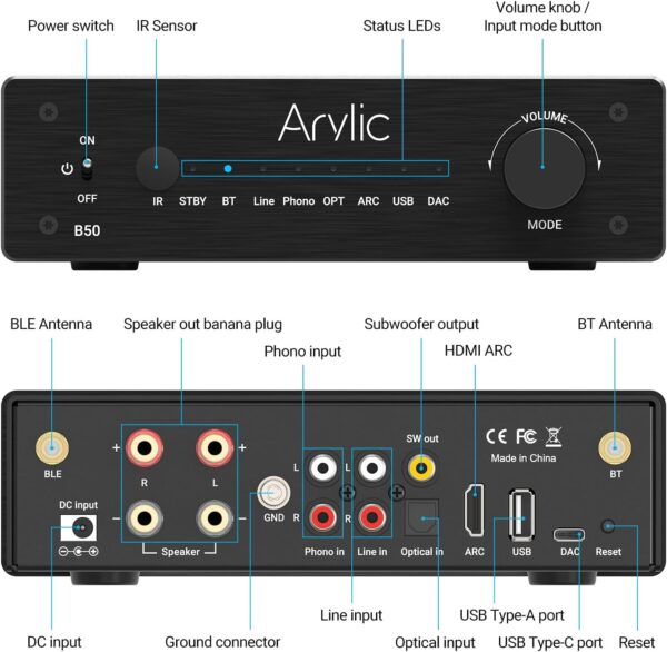 Arylic B50 Bluetooth aptX HD Amplificador Estéreo con Transmisor de Audio, Amplificador de 2 Canales 50W*2 con HDMI ARC, Phono in y App Gratuita GO Control. - Image 2