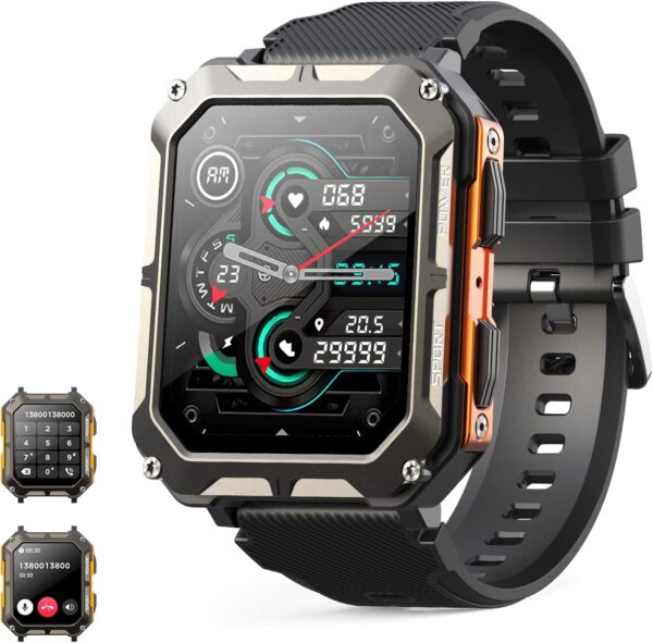 MIGOUFIT Smartwatch Hombre Militar con Llamadas Bluetooth 5.0, Actividad Fitness Reloj Inteligente Hombre con Podómetro Reloj de Impermeable,con 123 Deportes Modos de de Compatible para Android iOS