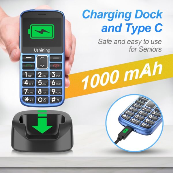 ukuu Teléfono Móvil para Personas Mayores con Botón SOS y Base Cargadora, Teclas Grandes Volumen Alto USB-C Bateria 1000mAh Pantalla Grande de 2,3 Pulgadas Fácil de Usar Celular para Ancianos - Azul - Image 3