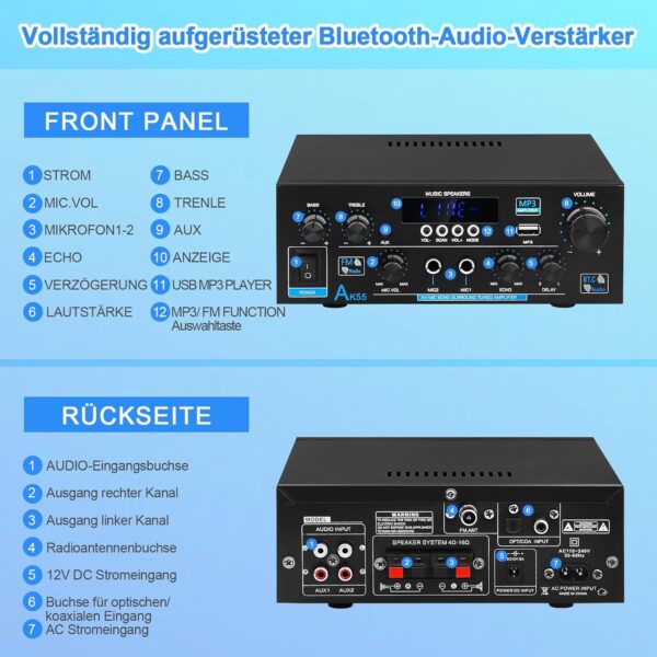 Amplificador HiFi, AK55 Bluetooth 5.0 Receptor Amplificador Audio Estéreo 2-Canales 70W×2 MAX.600W Amplificador de Potencia Digital Home Cinema Amplificador de Sonido 12V 220V para Casa o Coche - Image 5