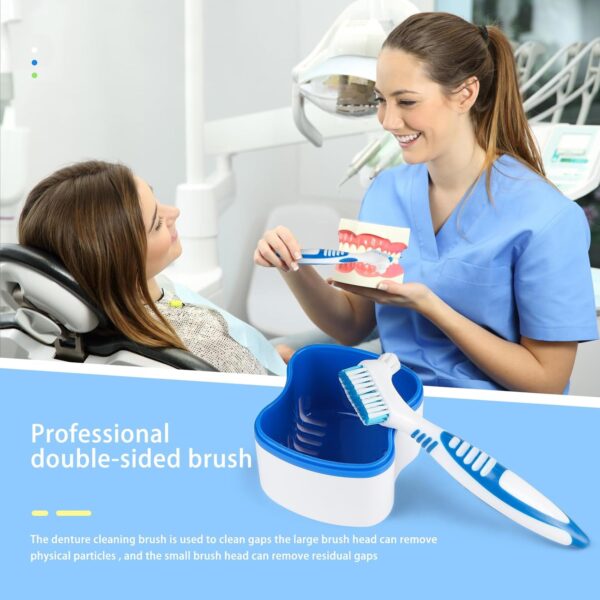 SUPAWAY 2 Estuche para dentadura Funda de dentadura Caja de dentaduras postizas con colador Caja para ortodoncia Caja de dentadura para almacena con 2 Cepillo de limpieza de dentadura Azul+Verde - Image 4