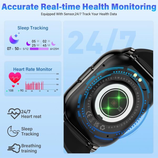 Reloj Inteligente Hombre Mujer, Smartwatch 2.1inch con Llamadas Bluetooth 5.2, Pulsómetro/Monitor de Sueño, 100+ Modos Smart Watch Deportivo Hombre, Pulsera Actividad Impermeable IP68 para Android iOS - Image 4
