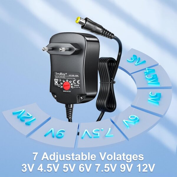 SoulBay 3V 4.5V 5V 6V 7.5V 9V 12V 1000mA máximo Universal AC/DC Adaptador de Cambios Regulados con 8 Modos Alimentación Adaptador de Conectores para 3-12V Elektronik - 150 cm Cable - Image 2