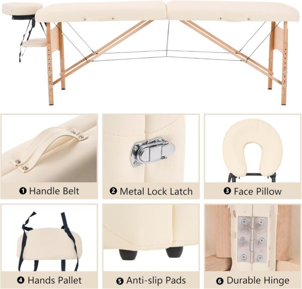 YOUNIKE Camilla de Masaje Plegable de 2 Zonas, Mesa de Masaje Altura Ajustale, Camilla de Terapia Profesional Cama de Tatuaje de Madera Portátil, con Funda de Transporte, 70 cm de Ancho, Crema - Image 8