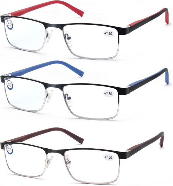 MODFANS Un Pack de 3 Gafas de Lectura Hombres Mujeres Anti Luz Azul,Rectangular Metal Acero Inoxidable - Lente Clara,Vision Clara - Ligeras Comodas,Colores Marron Azul Rojo
