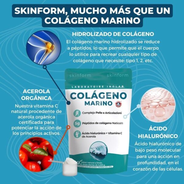 INOLAB Colágeno marino hidrolizado puro Ácido hialurónico Acérola 5225mg 45 días/Patente premium Naticol : Efectos clinicamente comprobados/sabor natural de limón - Image 4
