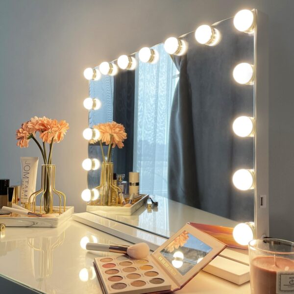 iCREAT Espejo de Maquillaje Hollywood con Luces, 3 Modos de Color, Espejo de Mesa sin Marco con Control Táctil Inteligente, 15 Bombillas Regulables, Salida USB, 58X46 cm, Blanco