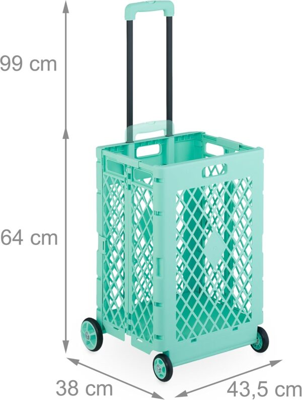 Relaxdays Carrito de Compra Plegable, Carro con Ruedas para Comprar, hasta 25 kg, Mango Telescópico, Caja Alta, Turquesa, Hierro, 99 x 43,5 x 38 cm - Image 4