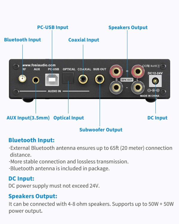 Fosi Audio DA2120A Audio Amplificador Bluetooth 5.0 Receptor estéreo 2.1 CH, Mini Compact Clase D integrado Hi-Fi DAC Amplificador para 50W x2 Altavoces y subwoofer activo con control remoto - Image 5