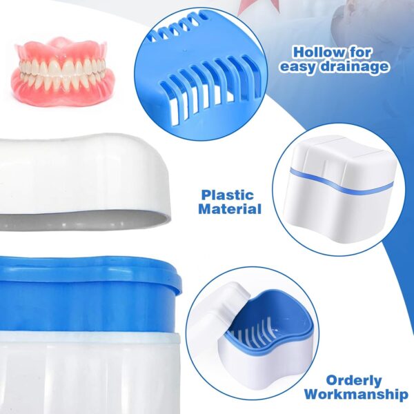 2 Recipiente Para Dentaduras Postizas, Dentaduras Postizas Caja De Almacenamiento Kit De Limpieza De Dentaduras Postizas Caja Aparato Dental Con Filtrar, Con 2 Cepillos De Limpieza - Image 3