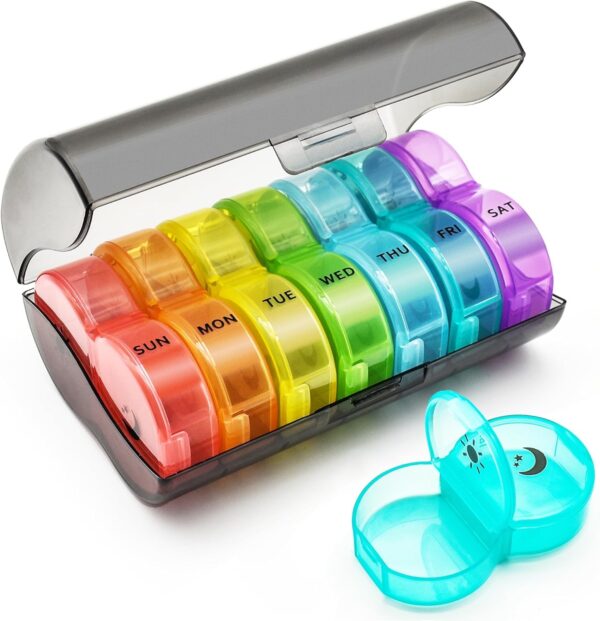 XoeLLe Pastillero Semanal 2 Tomas, Pastillero Diario Grande Dosificador Comprimidos con 14 Compartimentos Organizador Pastillas Pill Box para Medicinas, Vitaminas, Aceite de Pescado