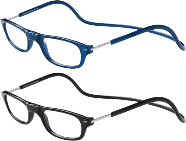 TBOC Pack: Gafas de Lectura Presbicia Vista Cansada – (Dos Unidades) Graduadas +2.00 Dioptrías Montura Azul y Negra Hombre Mujer Imantadas Plegables Lentes Aumento Leer Ver Cerca Cuello Imán