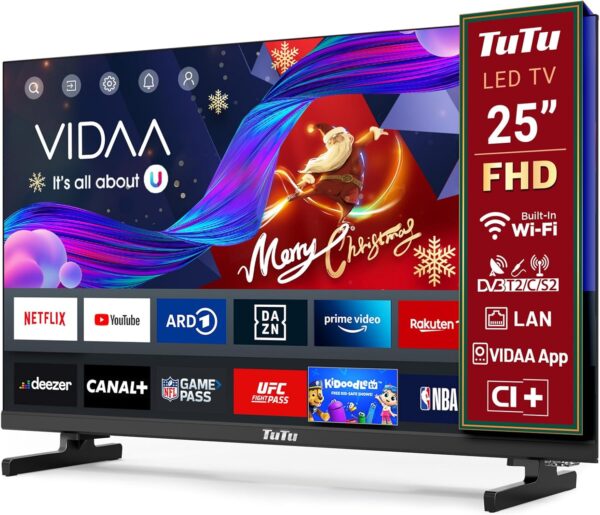 TuTu Smart TV 25 Pulgadas WiFi FHD Televisor con LED Pantalla, WLAN, App Store, Sintonizador Digital, Prime Video, Netflix, Youtube, DAZN, Disney+, Pluto TV y Más (TUV25FQ1B, 2024)