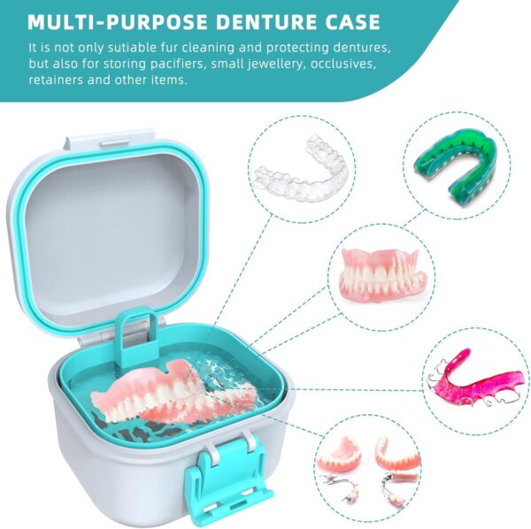 ARGOMAX Caja de prótesis a prueba de fugas, caja portátil para prótesis dentales, caja de dentaduras con colador, para prótesis dentales y aparatos ortopédicos (blanco + cian). - Image 4